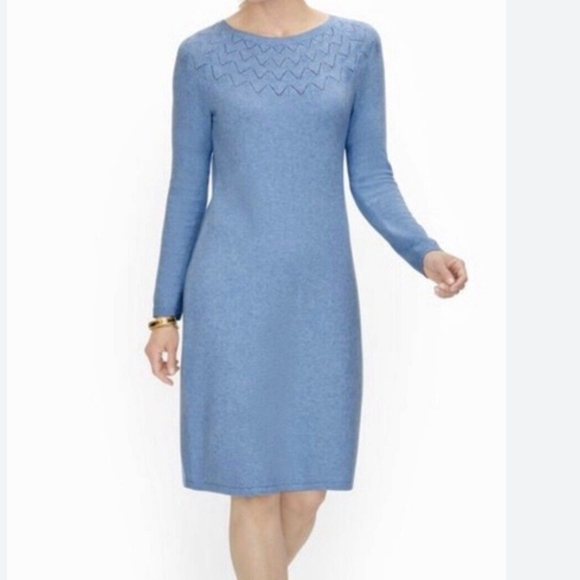 TALBOTS Blue Knit Pointelle Detail Wool Blend Sweater Dress - Picture 2 of 10